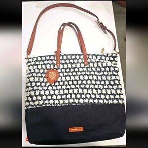 TOMMY BAHAMA Dark Blue Purse Paper Straw TOTE Bag Fringe Poms Lined Tan  15"